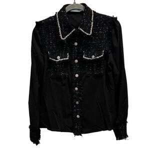Hanxiner Women's Black Tweed top Blouse poly bottom & Long Sleeve Size S